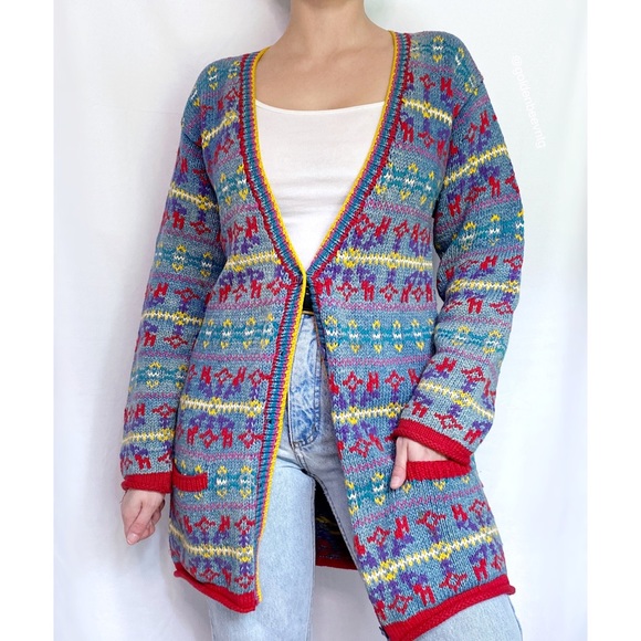 Vintage Oversized Retro Geometric Printed Longline Knit Cardigan - Picture 2 of 9